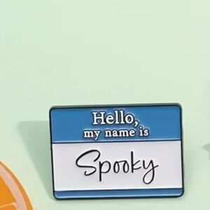 Blue and White Name Tag 'Spooky' Enamel Pin